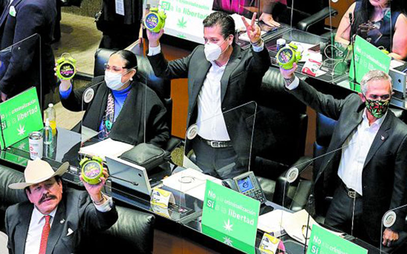 En la sesión, carteles a favor y relojes alusivos al cannabis. (EFE)
