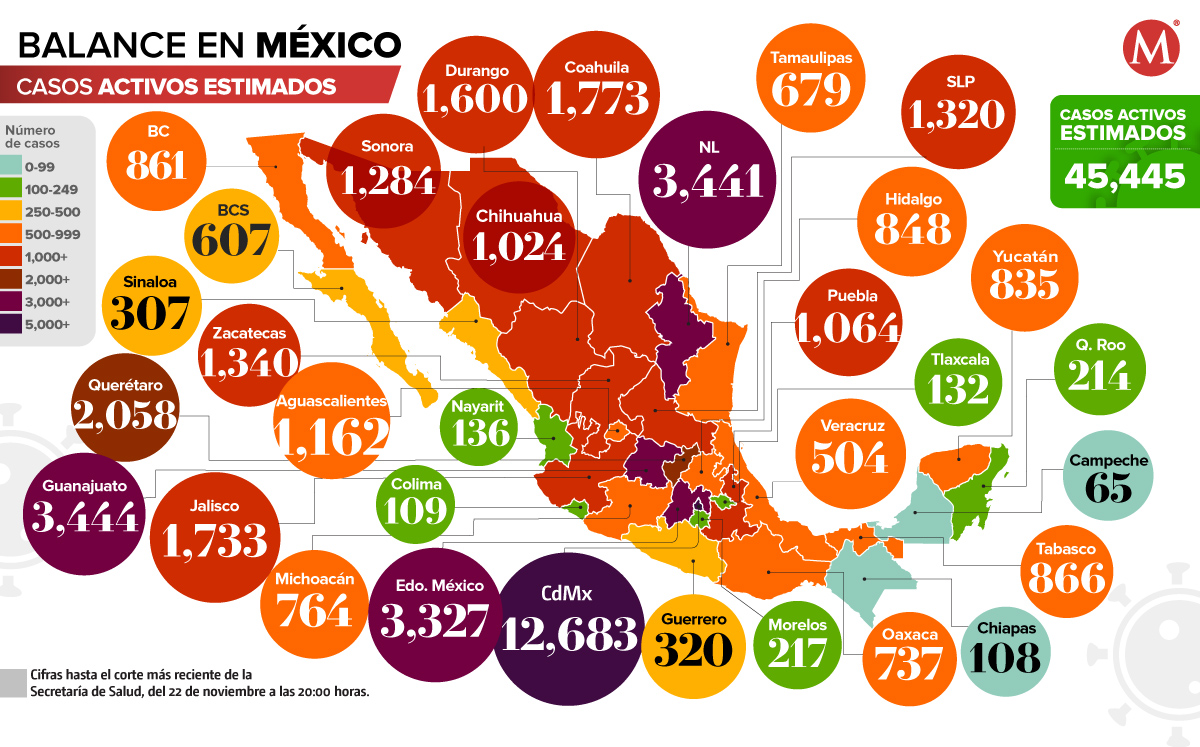 Mapa de casos activos de coronavirus en México al 22 de noviembre.