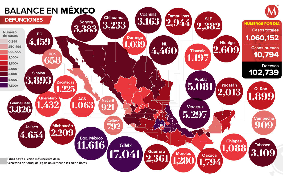 Mapa de muertes por coronavirus en México al 24 de noviembre.