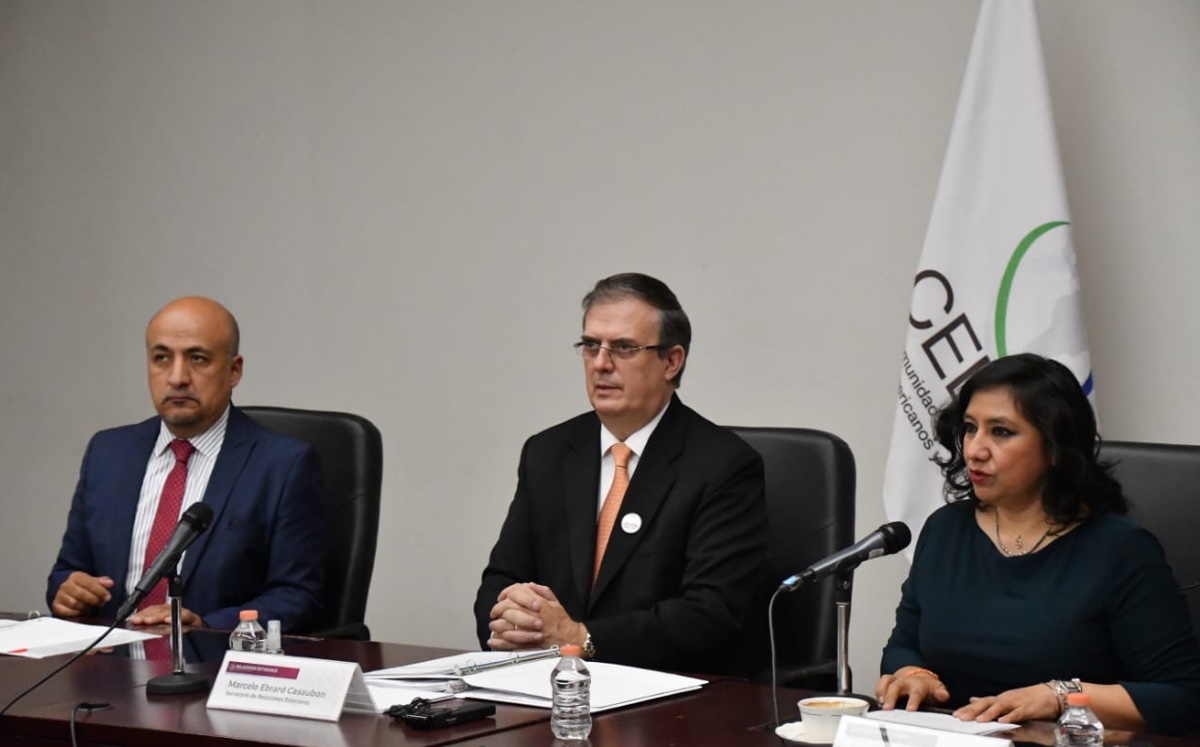 Marcelo Ebrard e Irma Eréndira en la reunión virtual del CELAC. (Especial)