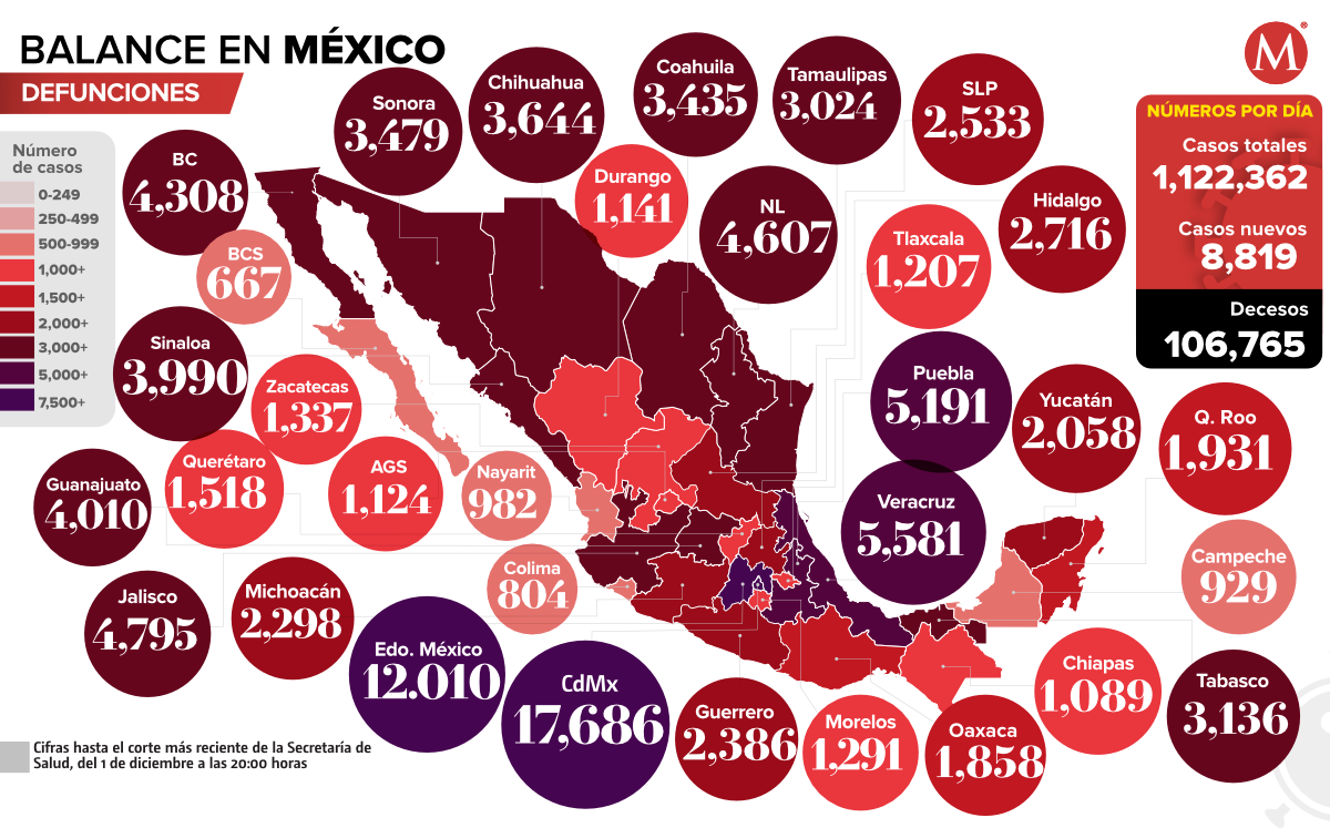 Mapa de muertes por coronavirus en México al 1 de diciembre.