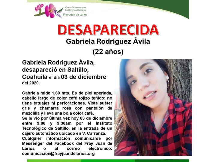 Reportaron la desaparición desde la mañana de este jueves de Gabriela Rodríguez. (Especial)