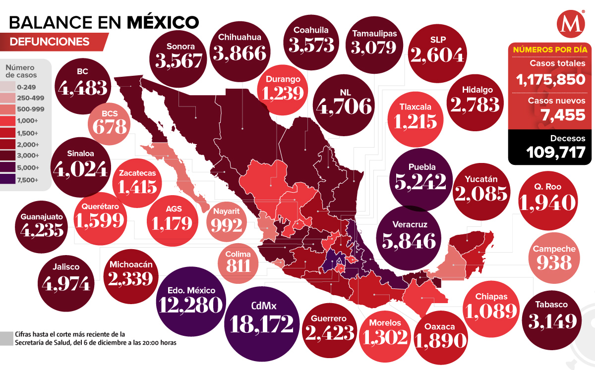 Mapa de muertes por coronavirus en México al 6 de diciembre de 2020.