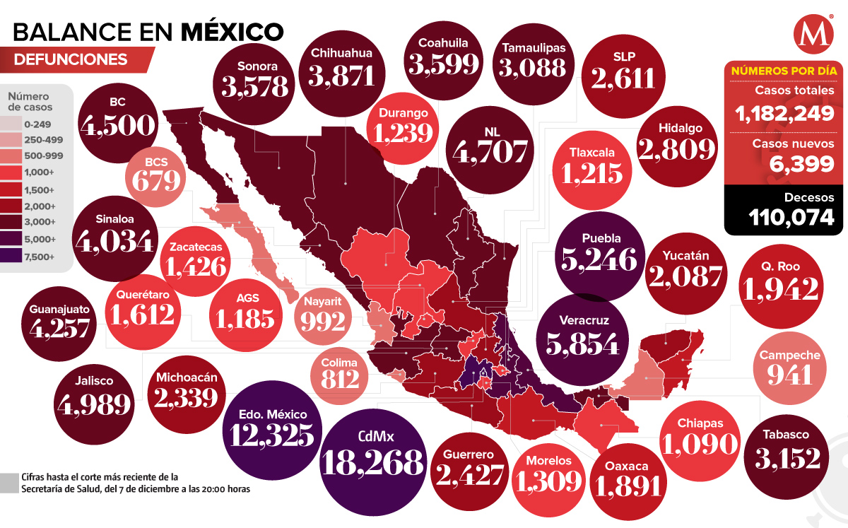 Mapa de muertes por coronavirus en México al 7 de diciembre de 2020.