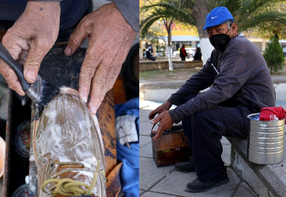 Eleazar es un hombre con 63 años de edad, aprendió a bolear zapatos a los 11 años