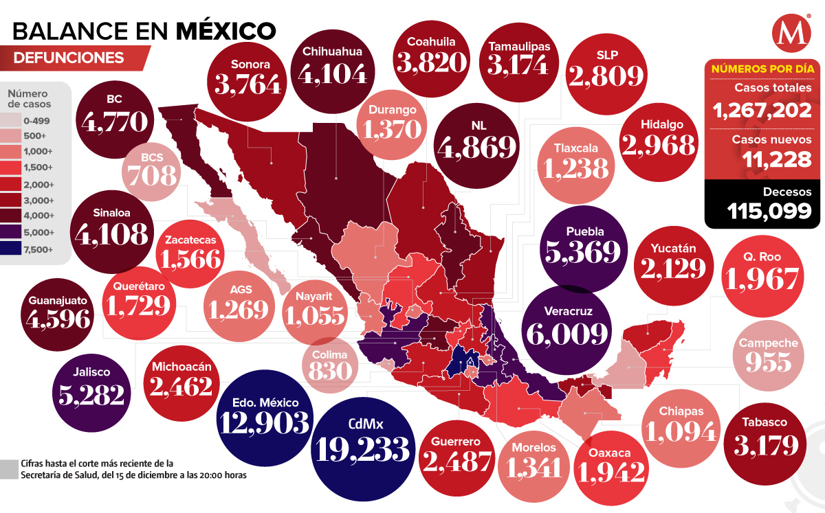 Mapa de las muertes de coronavirus en México.