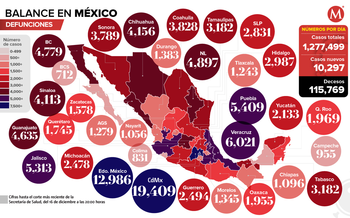 Mapa de muertes por coronavirus en México al 16 de diciembre de 2020.