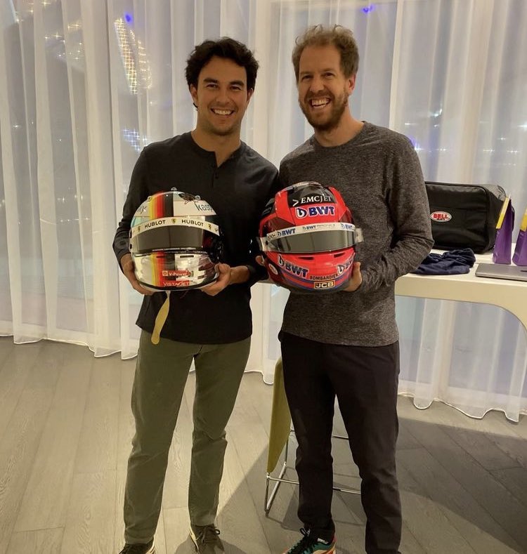 Checo Pérez con Sebastian Vettel (Twitter)