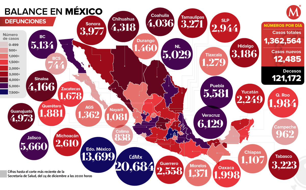 Mapa de muertes por coronavirus en México al 24 de diciembre.