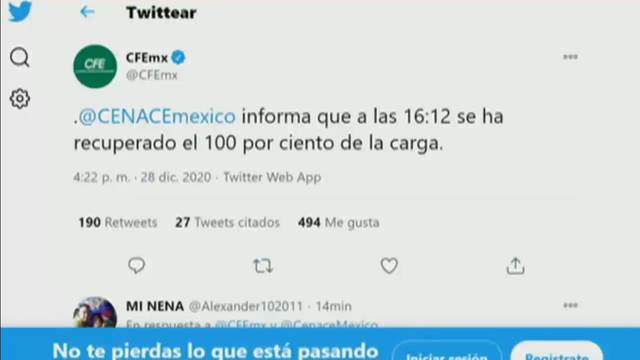 CFE y Cenace informan que se recuperó al 100% carga de energía