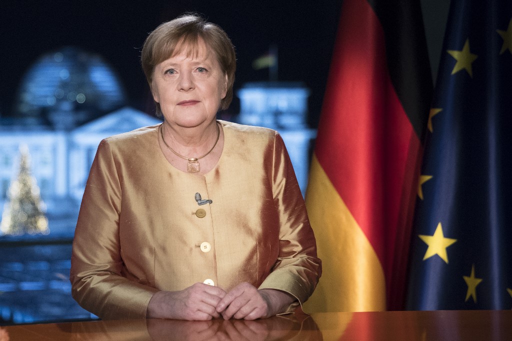 La canciller Angela Merkel durante se mensaje de fin de año. (AFP)