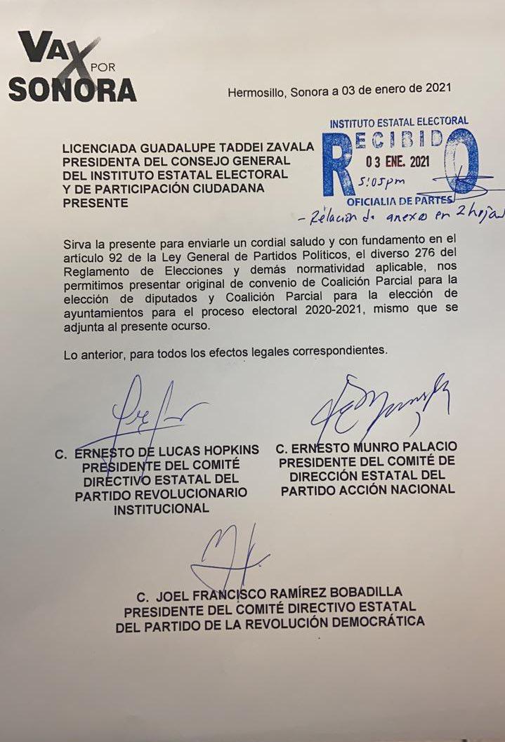 PRI, PAN y PRD conforman alianza ''Va por Sonora'' para comicios del 6 de junio. (Especial)