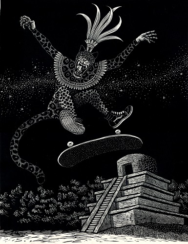 El jaguar skateboard/ Scratchboard/  36 x 28 cm/ 2020
