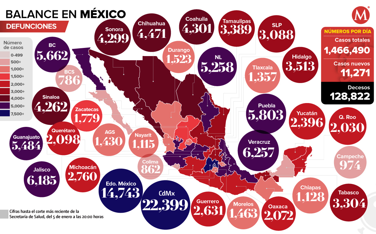 Mapa de muertes por coronavirus en México al 5 de enero de 2021.