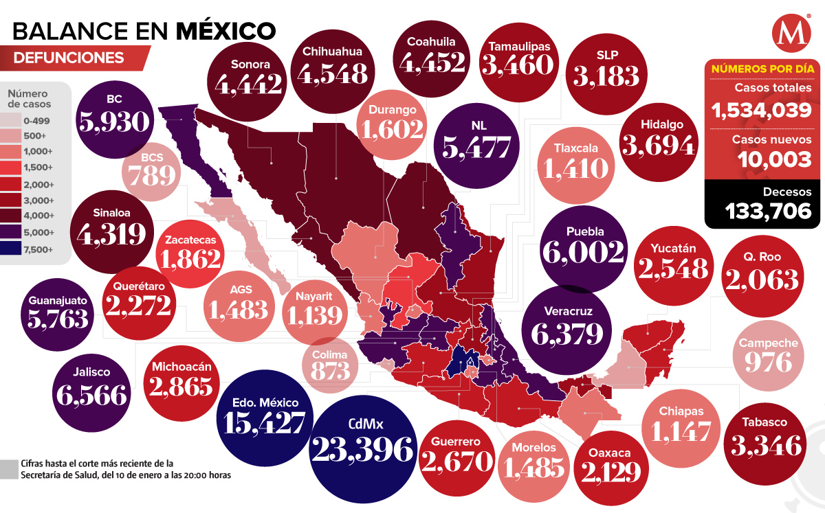 Mapa de muertes por coronavirus en México al 10 de enero.