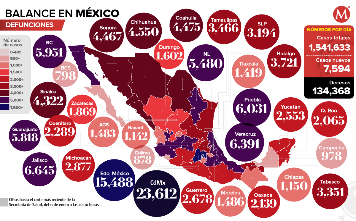 Mapa de muertes por coronavirus en México al 11 de enero de 2020.