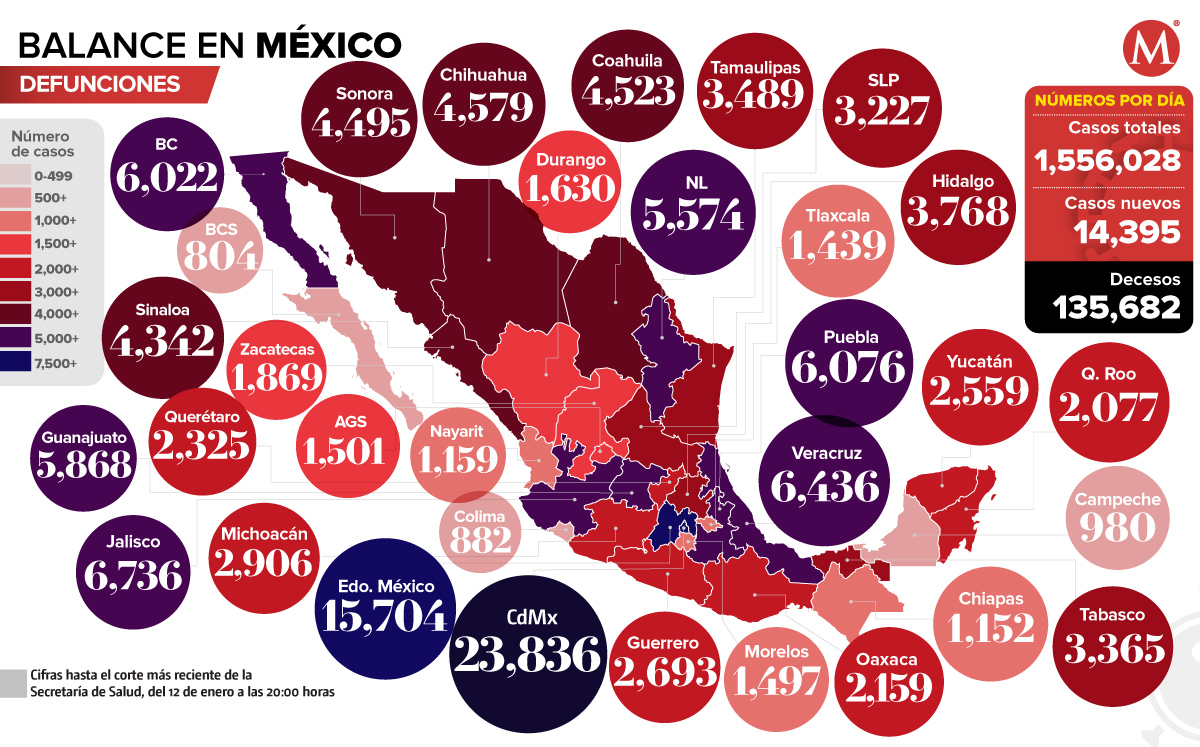 Mapa de muertes por coronavirus  en México al 12 de enero de 2020.