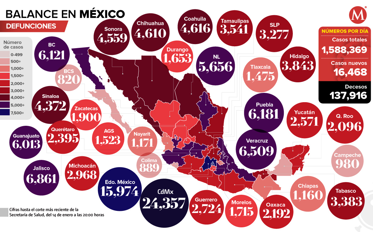 Mapa de muertes por coronavirus en México al 14 de enero de 2021.