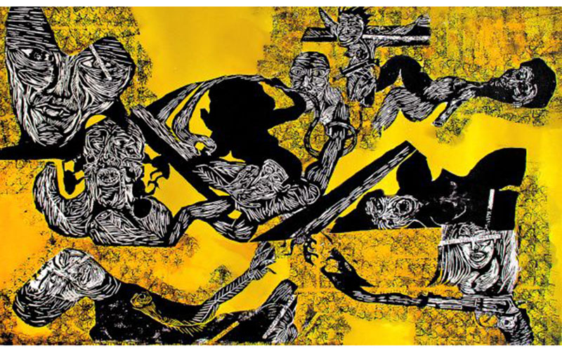 ‘Polinización 05’, 2019. Xilografía en papel trabajado con tinta china amarilla (alas de abeja), 193.4 x 185.4 cm. (Cortesía MUNAE)