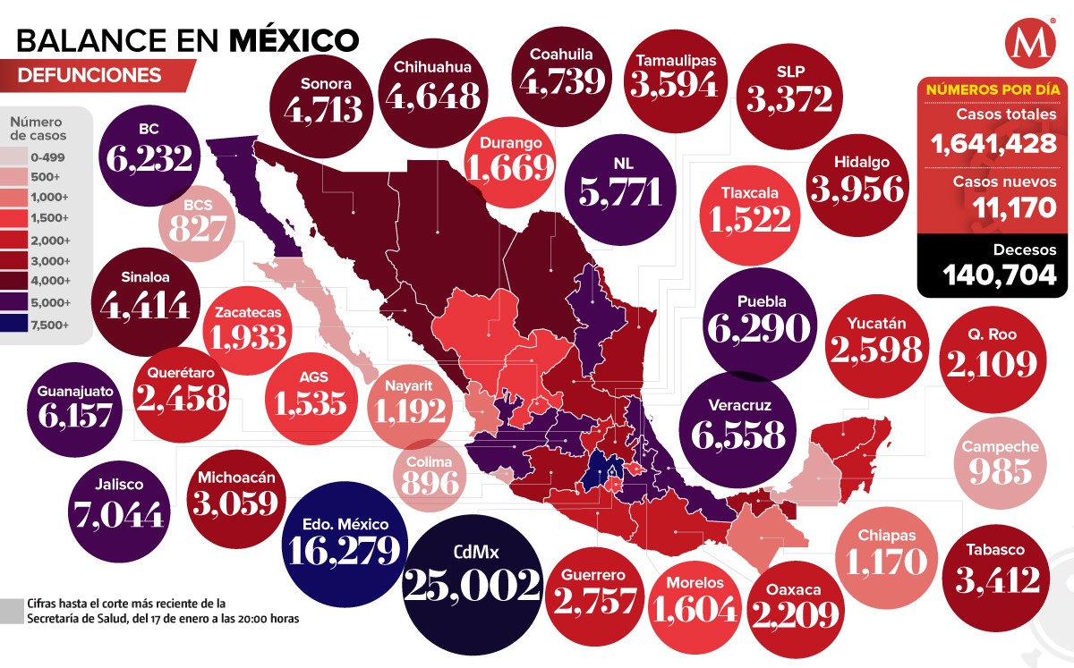 Mapa de muertes por coronavirus al 17 de enero de 2021.
