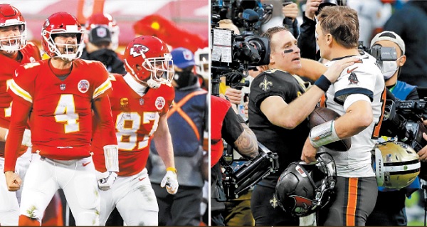 A la izquierda, Chad Henne (4) supo llevar a Kansas City al triunfo; a la derecha, el abrazo final entre Tom Brady y Drew Brees. AP