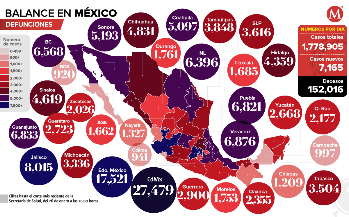 Mapa de muertes por coronavirus en México al 26 de enero de 2021.