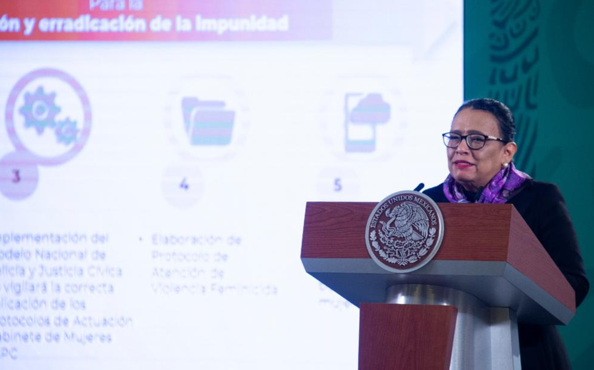 La secretaria de Seguridad, Rosa Icela Rodríguez, durante la conferencia de prensa de hoy. (Cortesía)