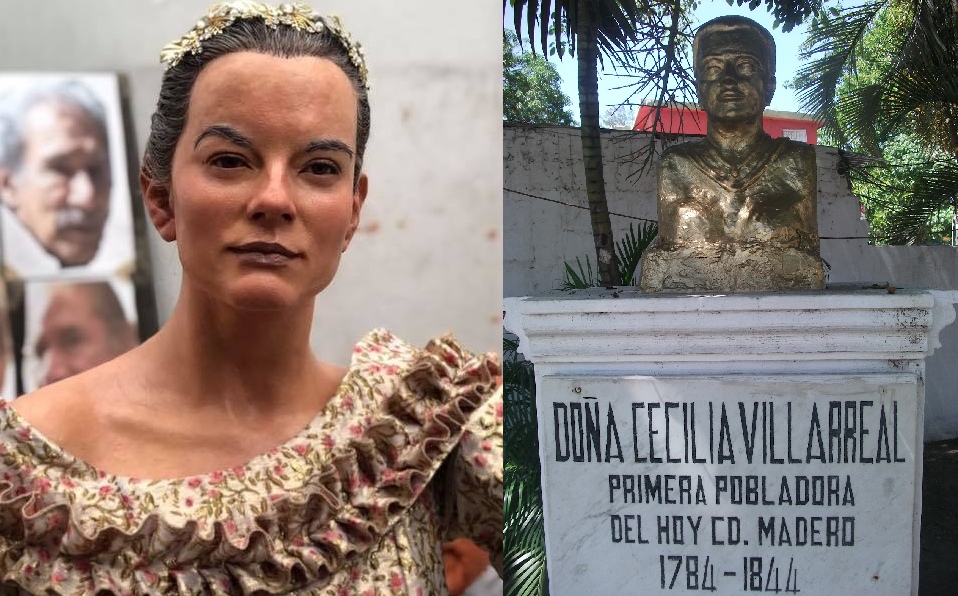 Figura de cera y busto de Cecilia Villarreal, primera pobladora de Madero.