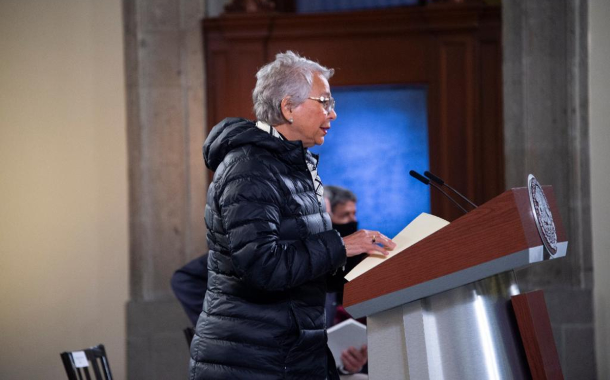La secretaria de Gobernación durante la conferencia de prensa de hoy en Palacio Nacional. (Cortesía)