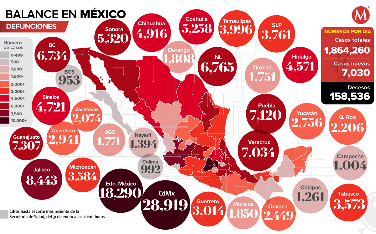 Mapa de muertes por coronavirus al 31 de enero de 2021.