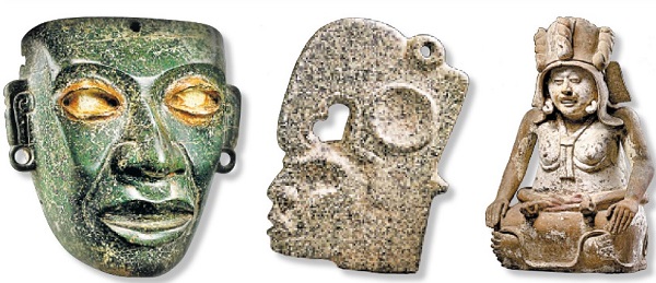De izquierda a derecha, máscara teotihuacana, hacha maya y estatua de la diosa Cihuateotl, algunas de las figuras que Christie’s pretende subastar en 