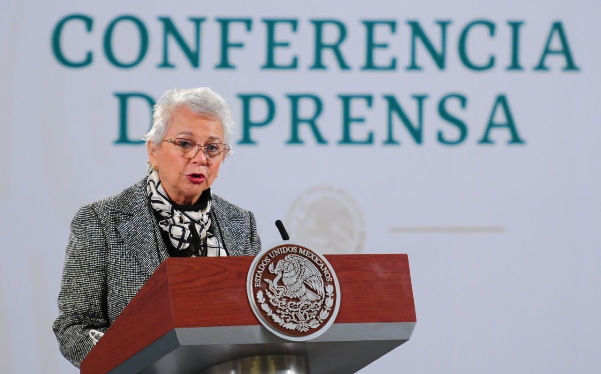 Olga Sánchez Cordero, secretaria de Gobernación, en la conferencia de hoy. (Cuartoscuro)