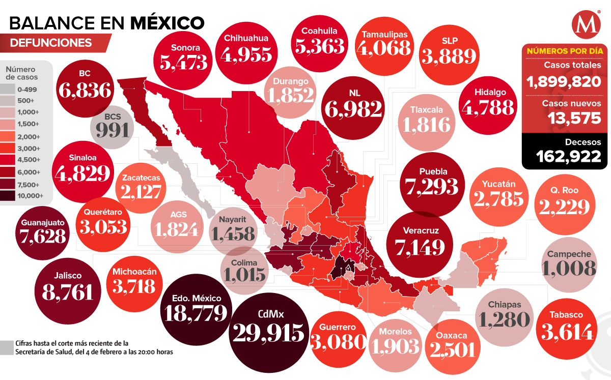 Mapa de muertes por coronavirus en México al 4 de febrero de 2021.