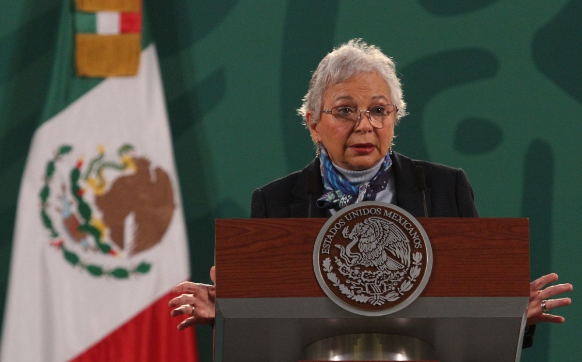 La secretaria Olga Sánchez Cordero en la conferencia de prensa del 5 de febrero en Palacio Nacional. (Cuartoscuro)