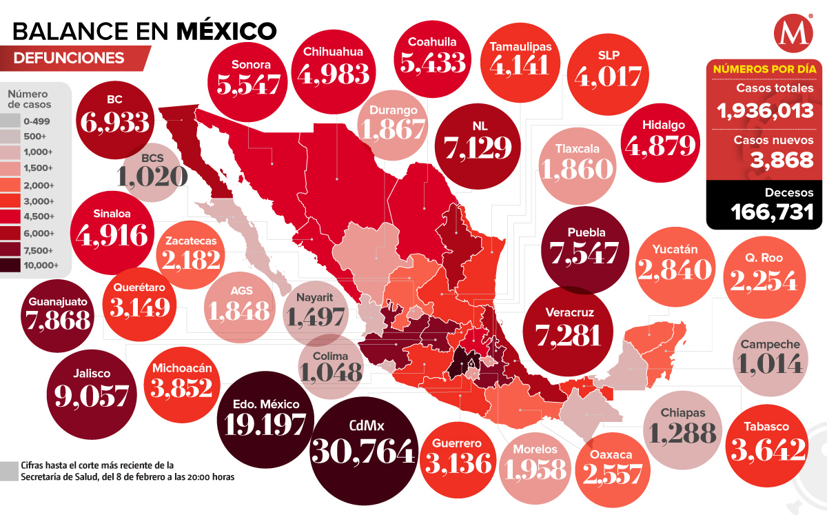 Mapa de muertes por coronavirus en México al 8 de febrero de 2021.