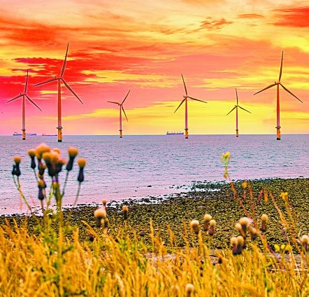 Turbina eólica marina en una granja frente a la costa de Inglaterra. Shutterstock