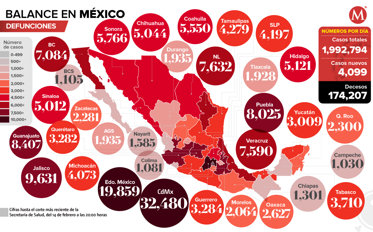 Mapa de muertes por coronavirus en México al 14 de febrero.