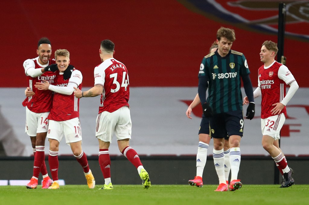 Pierre Emerick Aubameyang anotó hat-trick en victoria ante el Leeds United (AFP)