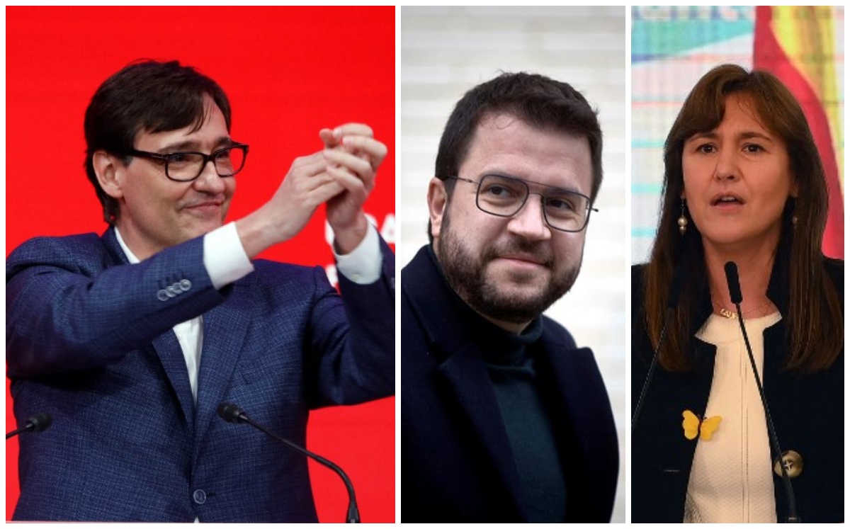 Salvador Illa (izq.) ganó las elecciones; pero los independentistas Pere Aragonès (cen.) y Laura Borràs (der.) tienen la mayoría en el Parlament (AFP 