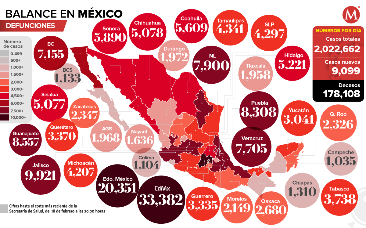 Mapa de muertes por coronavirus en México al 18 de febrero de 2021.
