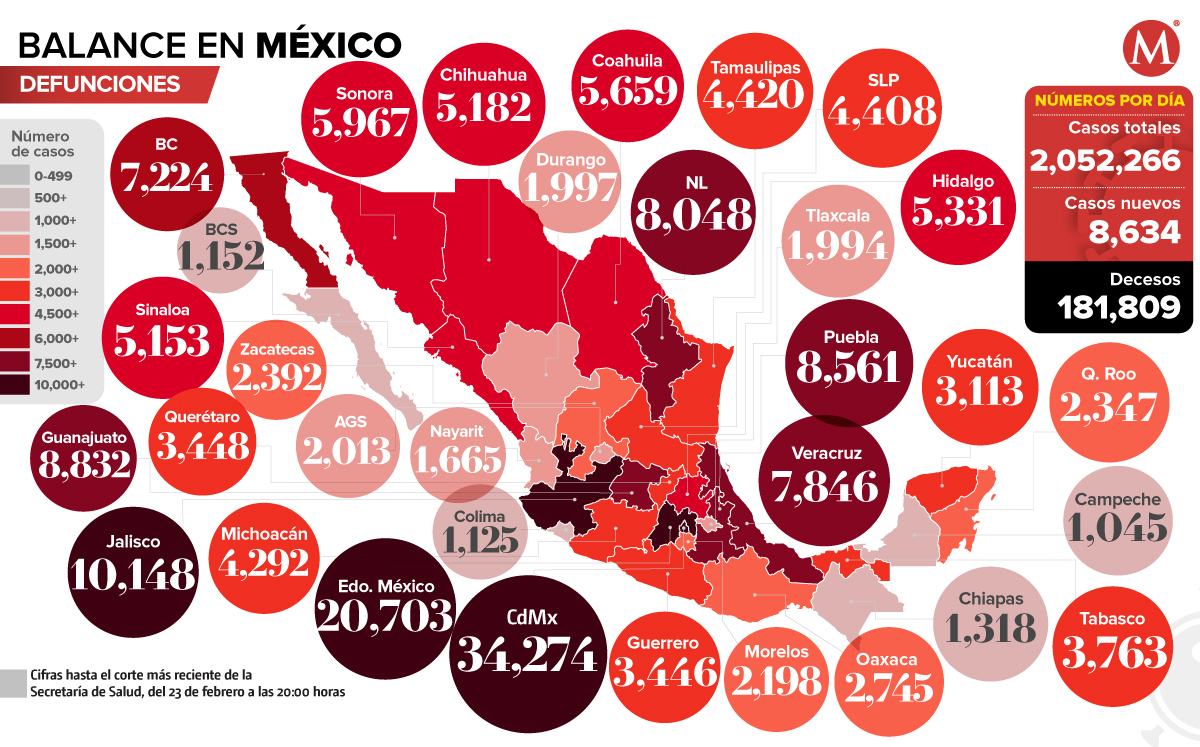 Mapa de muertes por coronavirus en México al 23 de febrero de 2021.