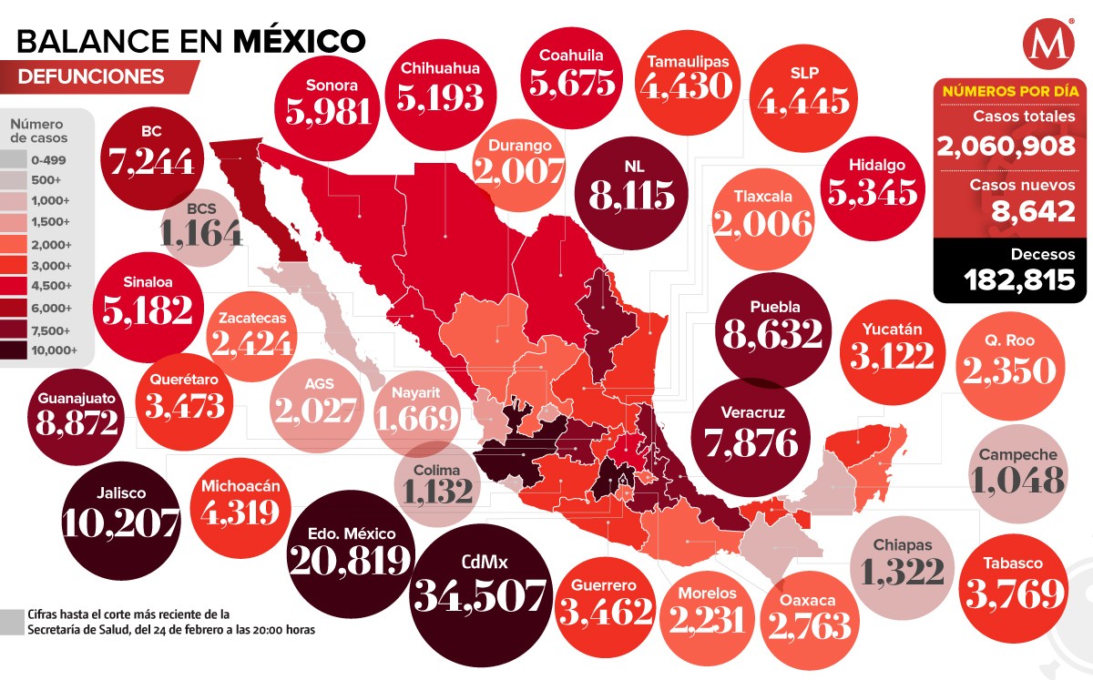 Mapa de muertes por coronavirus en México al 24 de febrero de 2021.