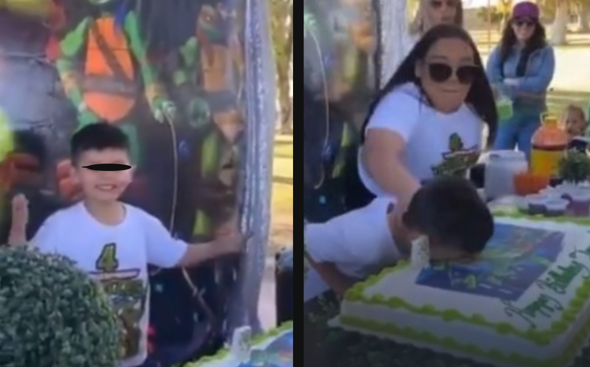 Niño reacciona contra tía que lo avienta a pastel de cumpleaños. (Captura)