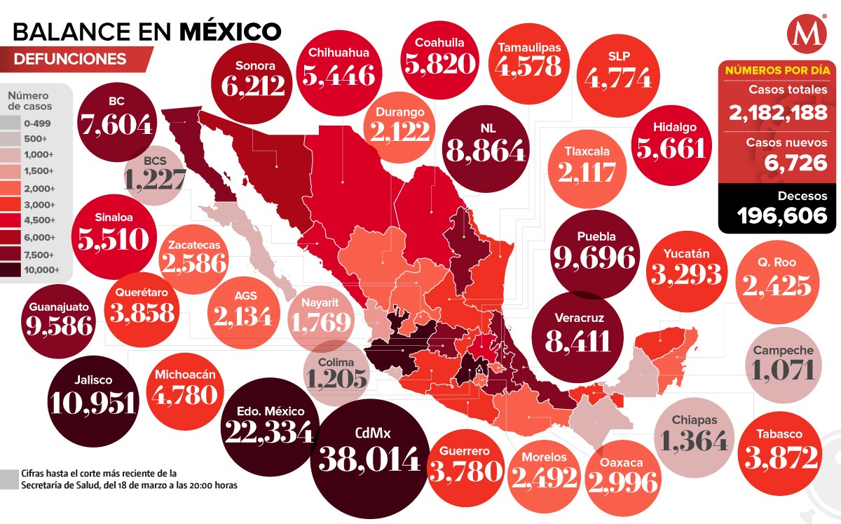 Mapa de muertes por coronavirus en México al 17 de marzo de 2021.