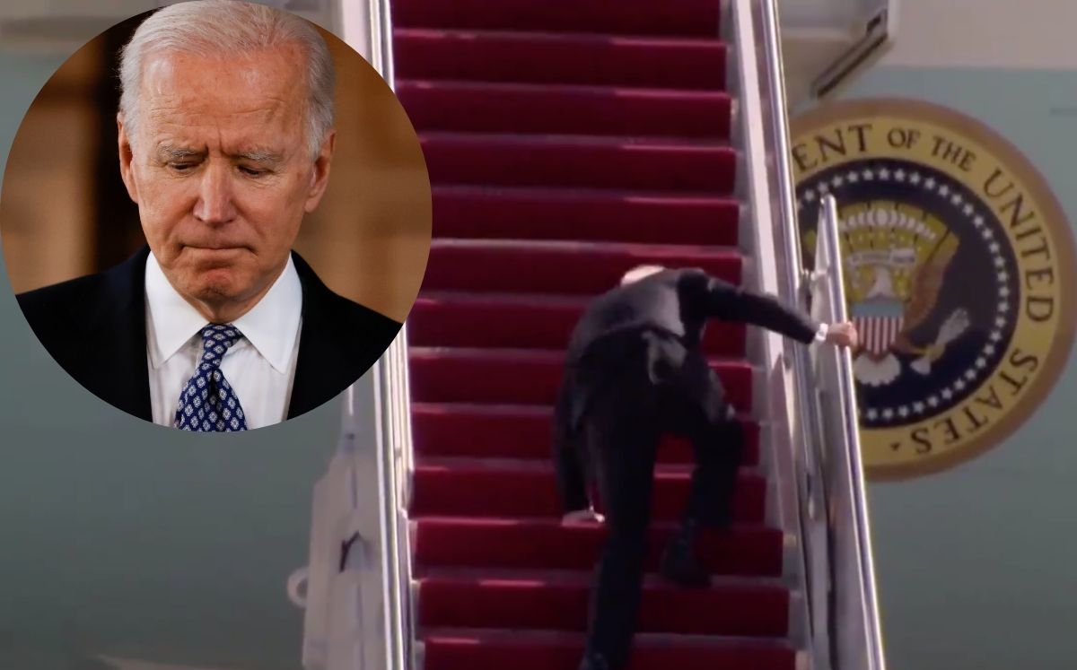 El presidente Joe Biden cae al subir las escaleras del Air Force One, Fotos: REUTERS