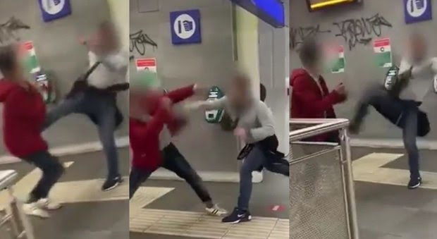 El sujeto cruzó las vías del tren subterráneo para agredir a los dos hombres. | Captura de video