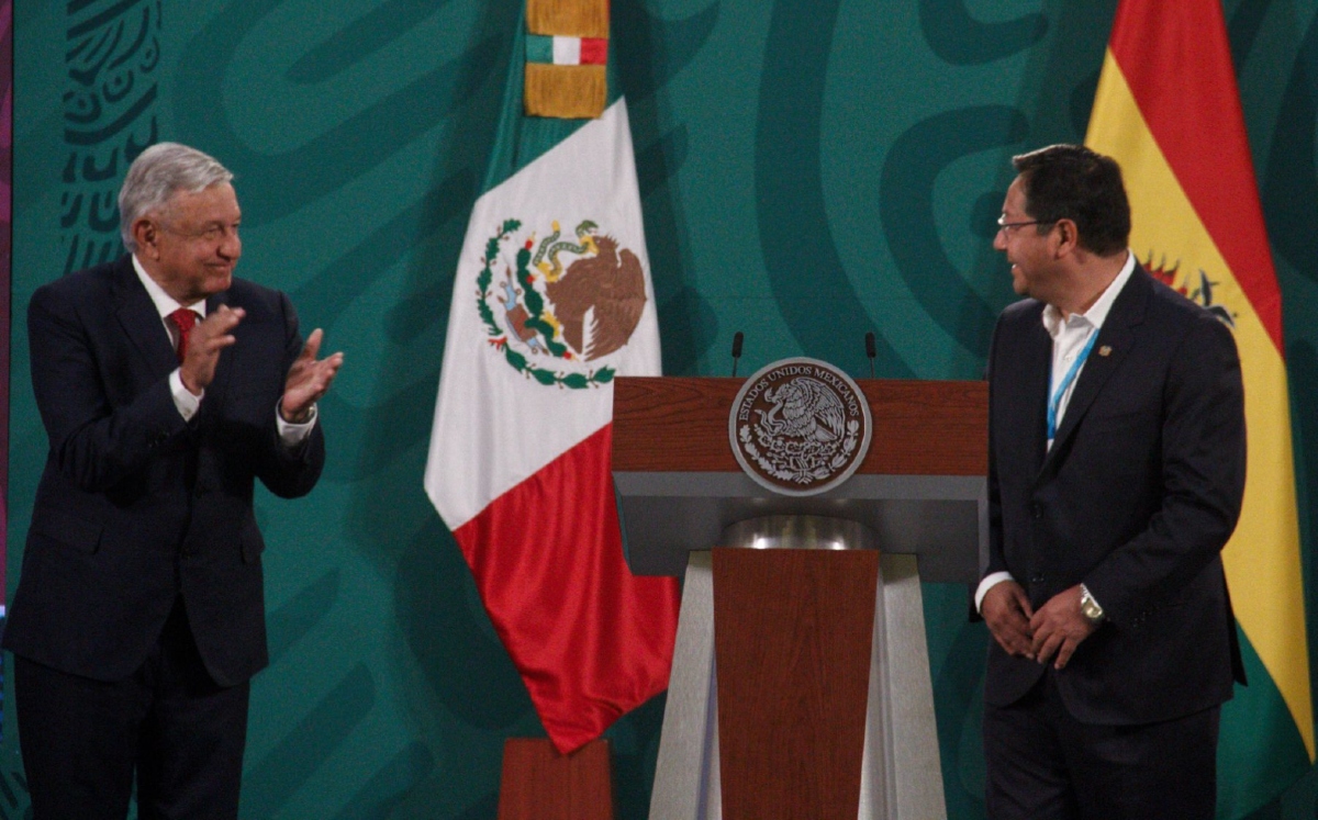 Los presidentes de México y Bolivia durante la conferencia mañanera de hoy en Palacio Nacional. (Cuartoscuro)