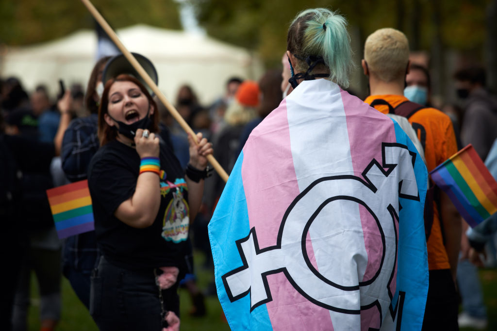 Una persona sostiene la Bandera del Orgullo Trans. Alain Pitton/Getty Images