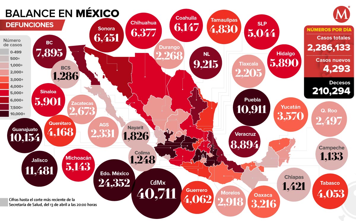 Mapa de muertes por coronavirus en México al 13 de abril de 2021.