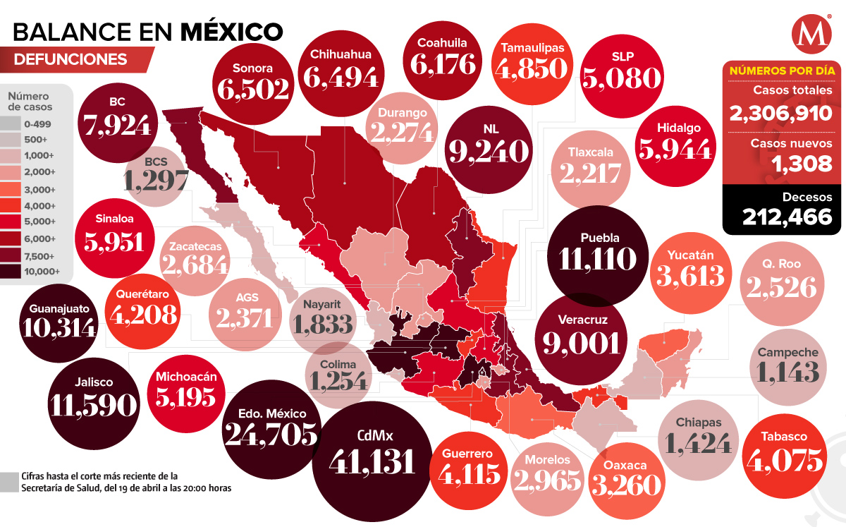 Mapa de muertes por coronavirus en México al 19 de abril de 2021.